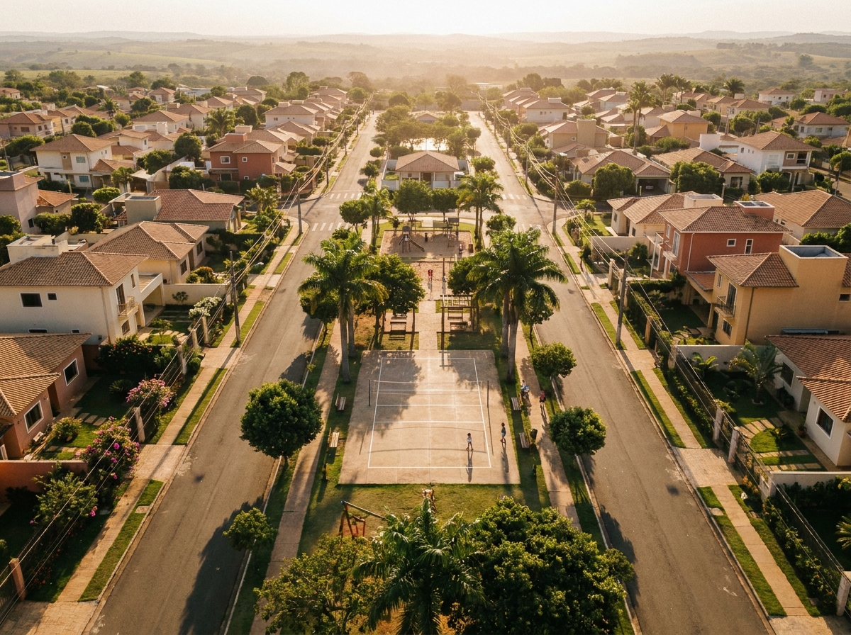 Aroeiras visto de cima, com casas construídas, ruas movimentadas e sensação de bairro vivo